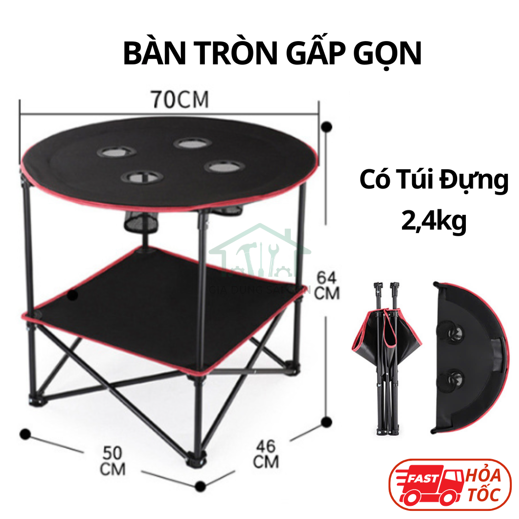 Bàn camping gấp gọn hình tròn 2 tầng có túi xách màu đen