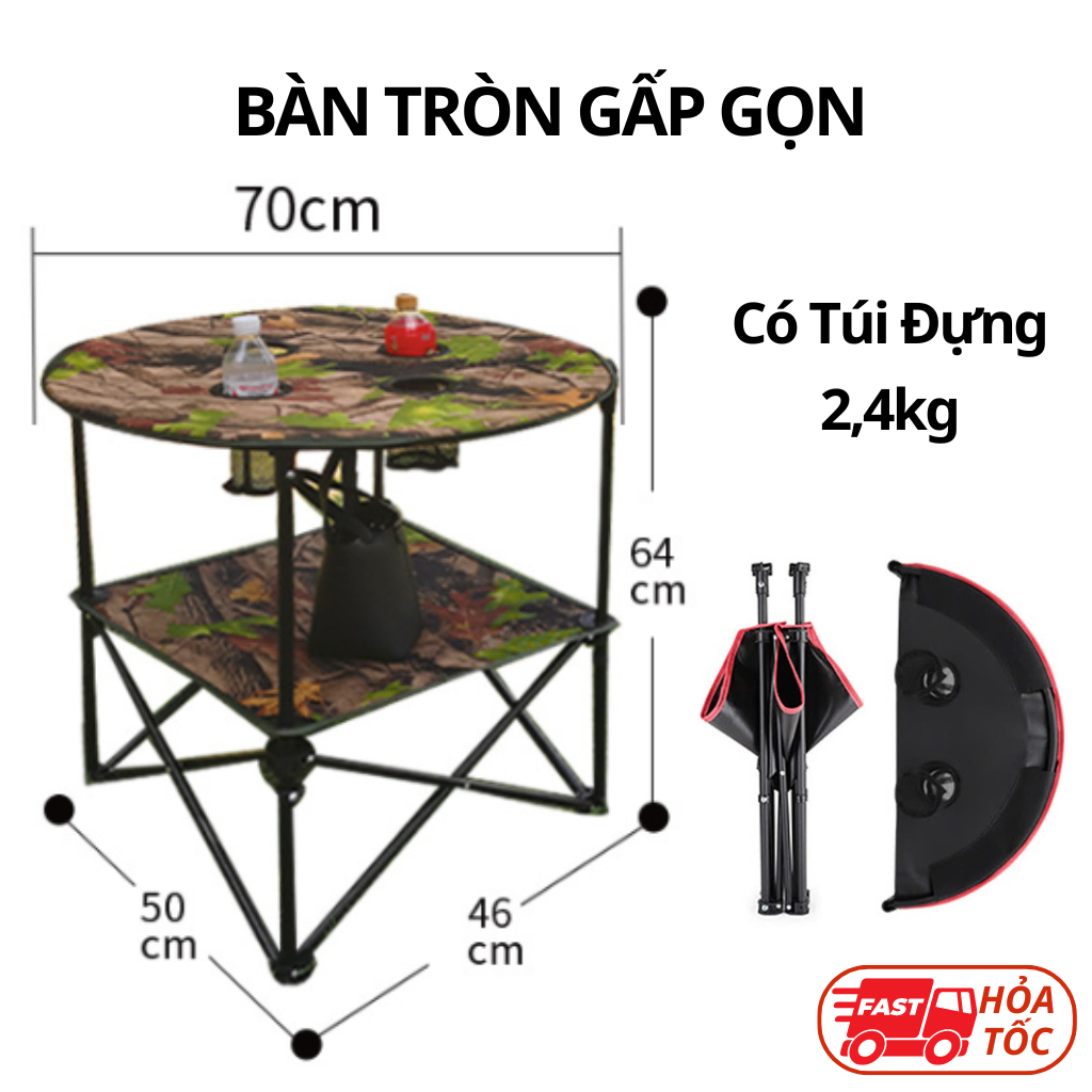 Bàn camping gấp gọn hình tròn 2 tầng có túi xách họa tiết lá