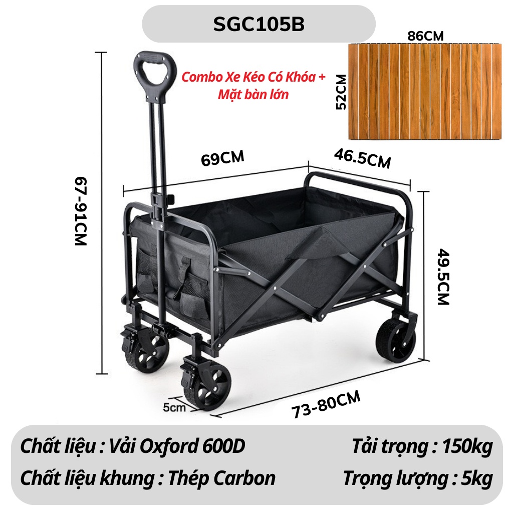 Combo xe kéo 105B + Mặt bàn màu nâu gỗ Size Lớn 52 x 86