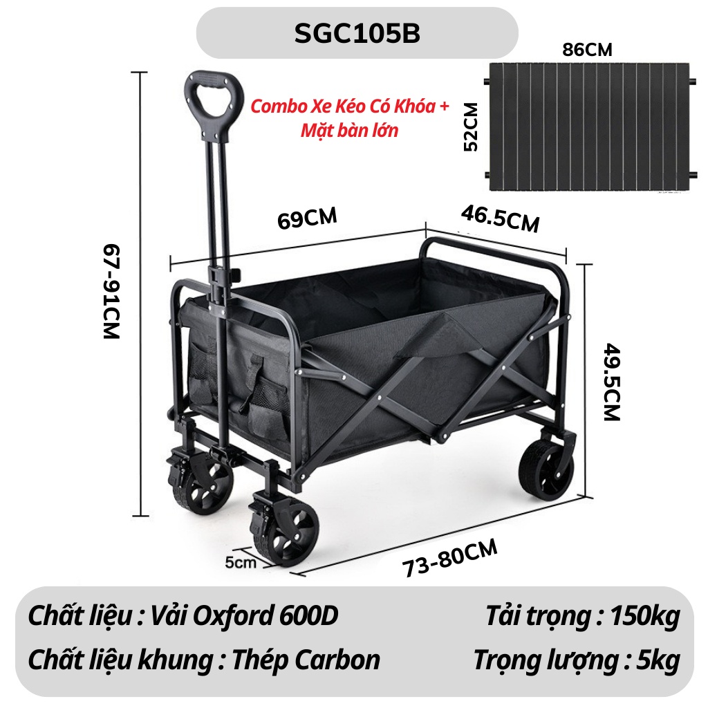 Combo xe kéo 105B + Mặt bàn màu Đen Size Lớn 52 x 86