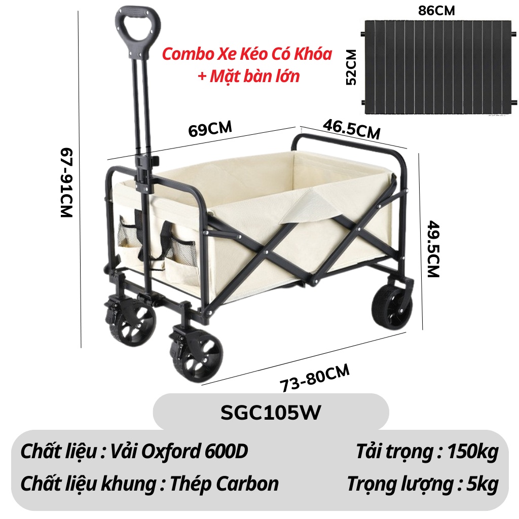 Combo xe kéo 105W + Mặt bàn màu Đen Size Lớn 52 x 86