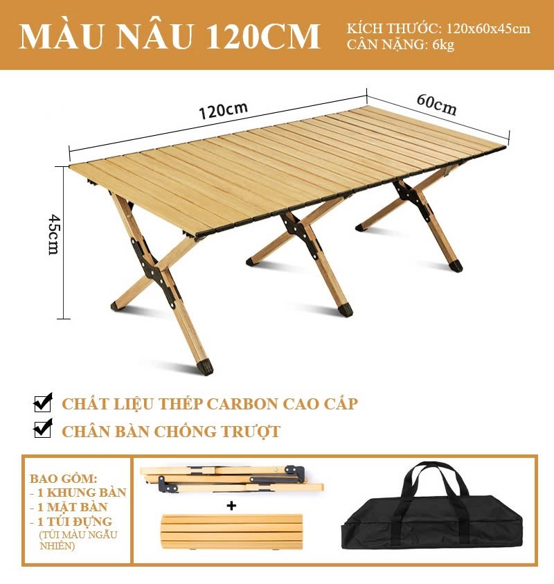 BÀN GẤP GON MÀU NÂU - 120CM