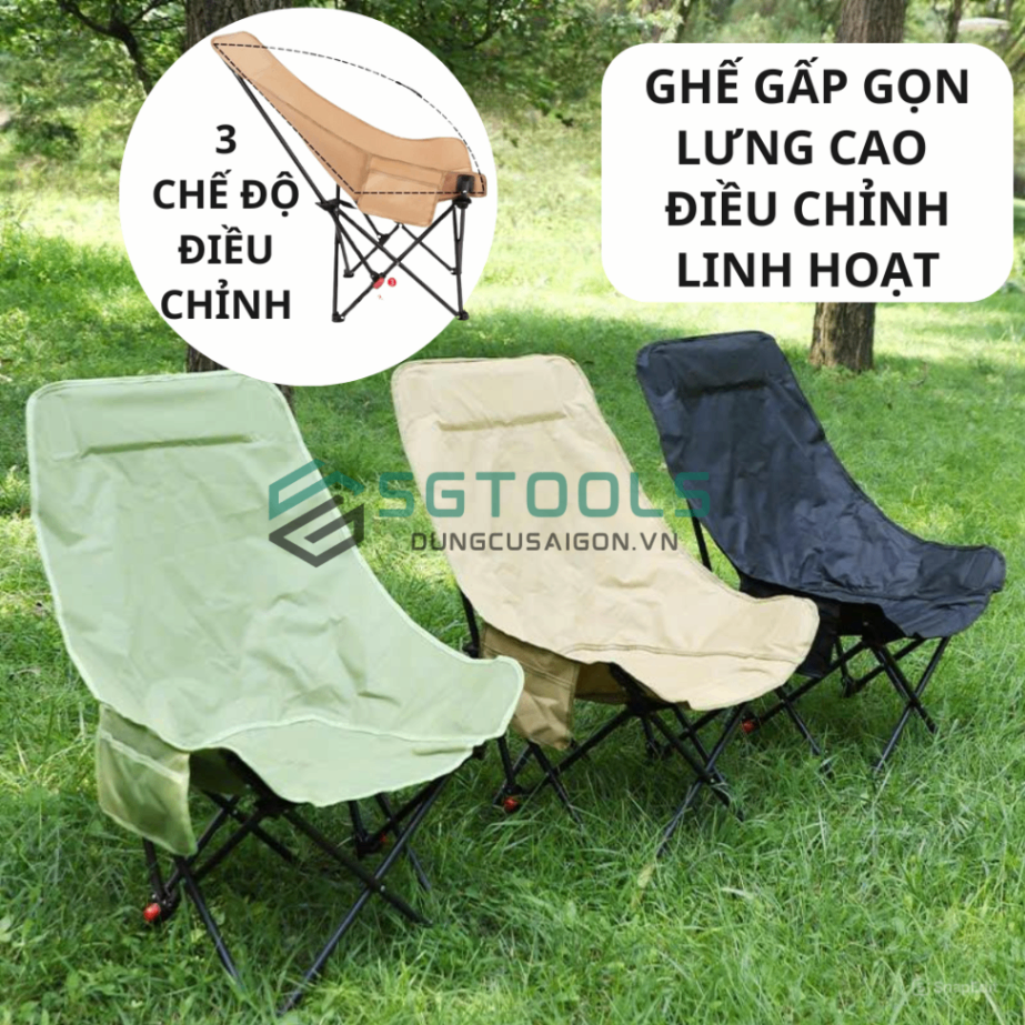 Ghế gấp gọn có dựa lưng cao điều chỉnh 3 chế độ - Xanh