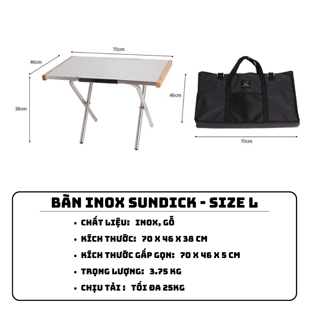 Bàn Gấp Gọn Dã Ngoại Camping Chất Liệu Inox, Gỗ Tiện Lợi Gọn Nhẹ SUNDICK - Size L