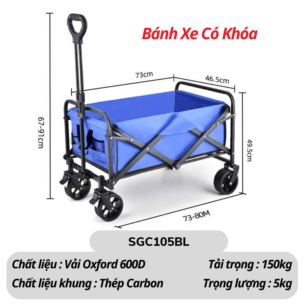 Xe kéo dã ngoại màu đen bánh xe lớn có khóa - Xanh