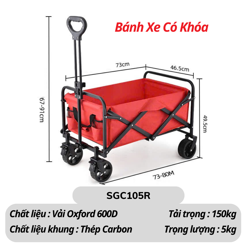 Xe kéo dã ngoại màu đen bánh xe lớn có khóa - Đỏ