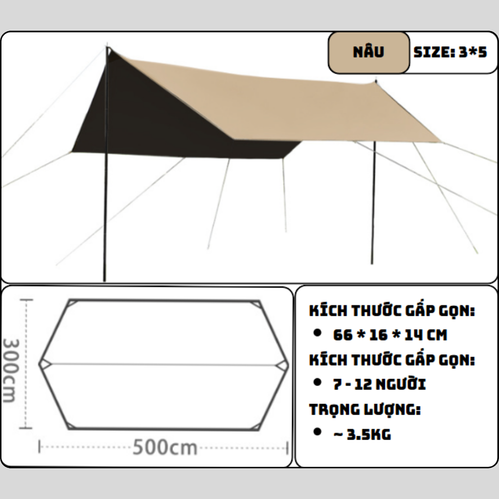 Tấm Tăng Bạt Dã Ngoại Chống Mưa, Tia UV, Chị Lực Gió Tốt SGTOOLS - Nâu