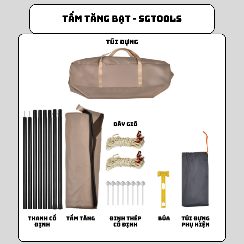 Tấm Tăng Bạt Dã Ngoại Chống Mưa, Tia UV, Chị Lực Gió Tốt SGTOOLS - Nâu