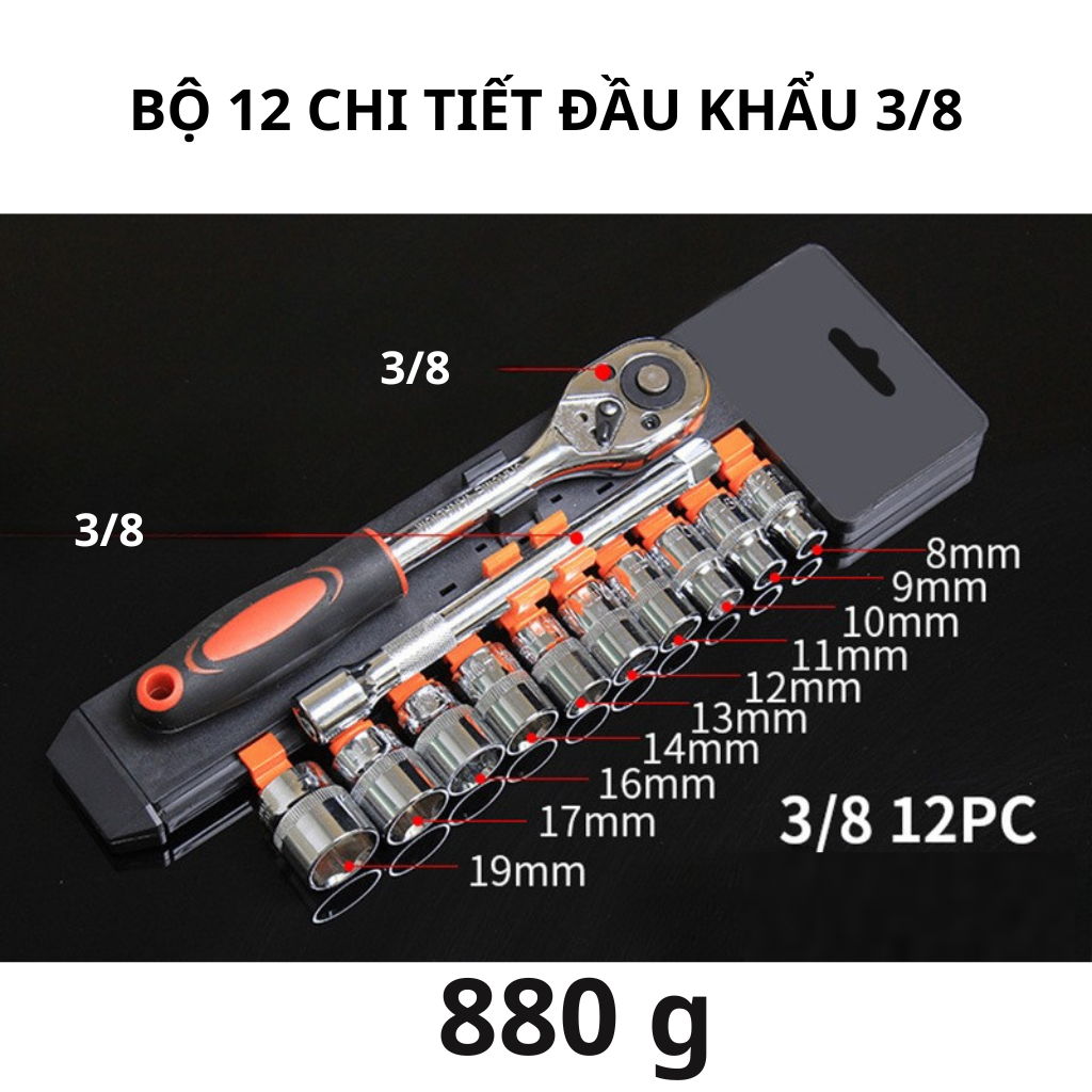 Bộ Khẩu 12 Chi Tiết Chất Liệu Thép Cao Cấp CRV - 3/8
