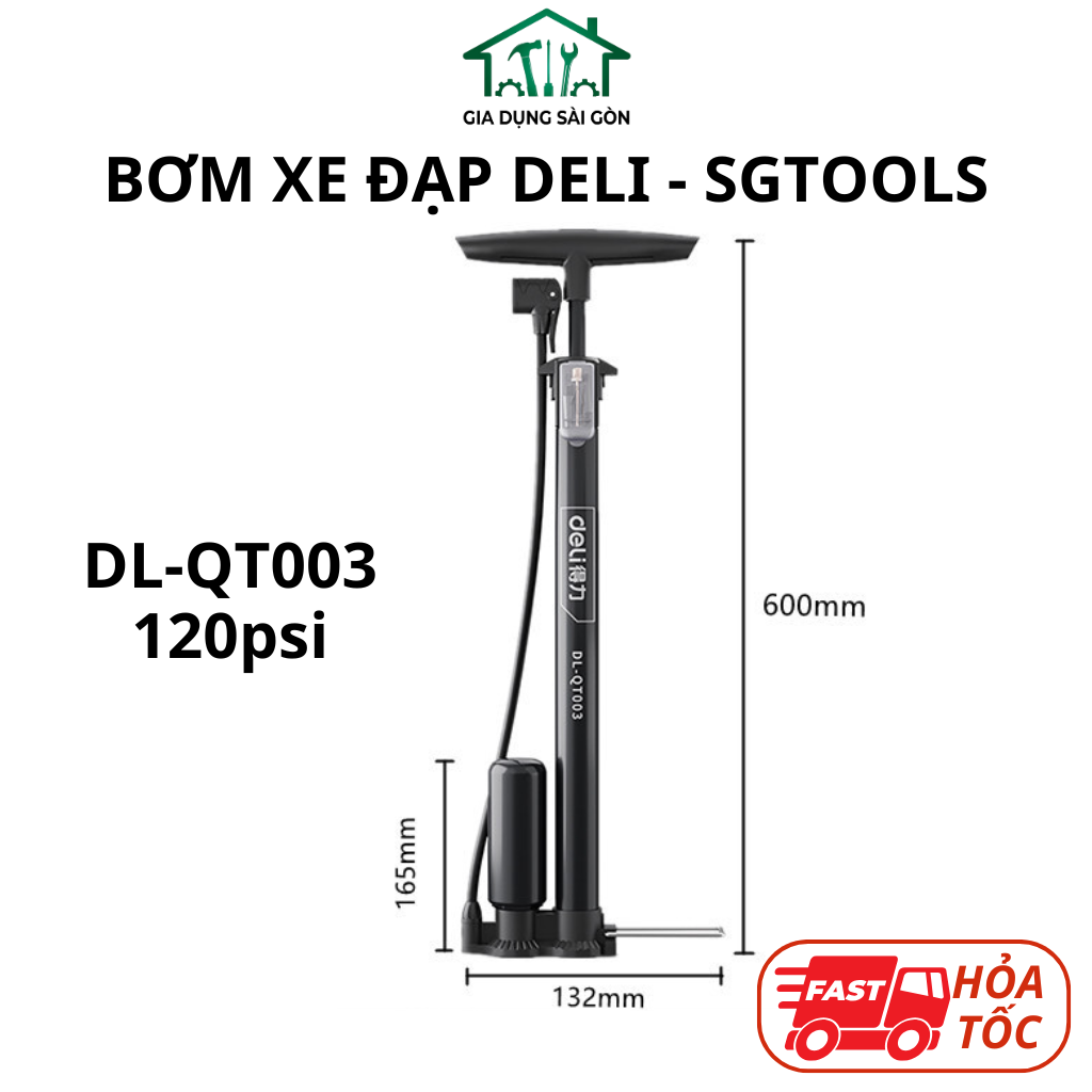 Bơm Xe Đạp Xe Máy Deli Tools Tích Hợp Đồng Hồ Áp Suất Tối Đa 160psi Nhỏ Gọn - DL-QT003