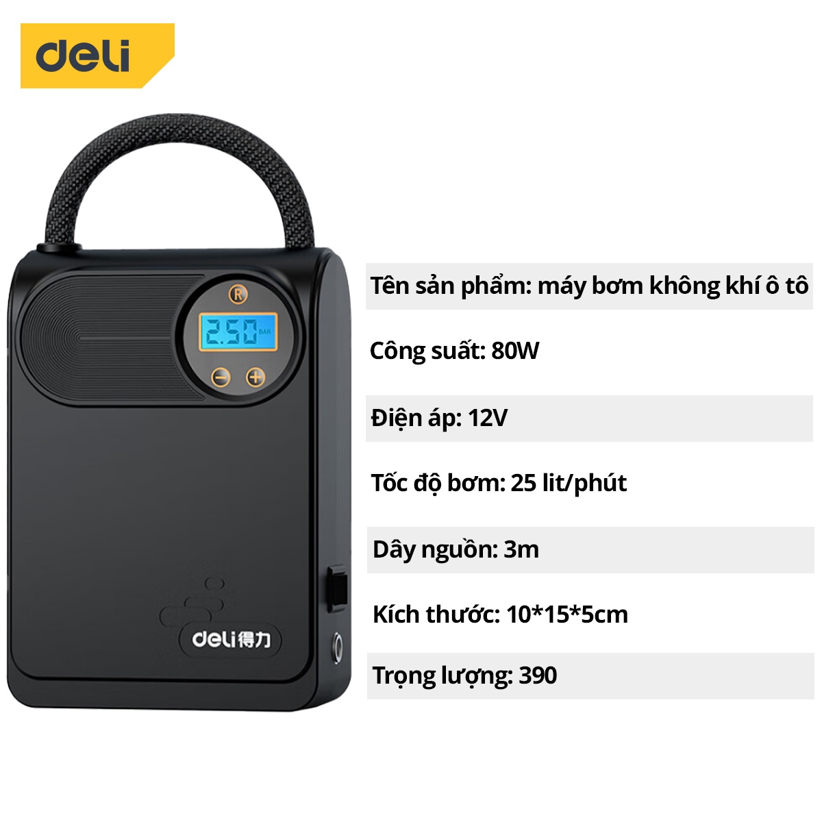 Máy bơm lốp ô tô tự động Deli 80W tốc độ bơm 25L/phút
