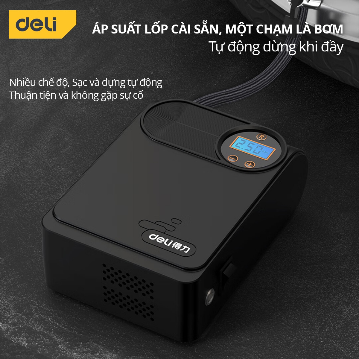 Máy bơm lốp ô tô tự động Deli 80W tốc độ bơm 25L/phút