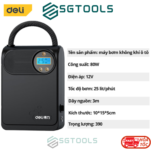 Máy bơm lốp ô tô tự động Deli 80W tốc độ bơm 25L/phút