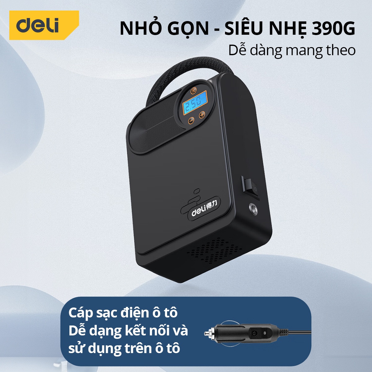 Máy bơm lốp ô tô tự động Deli 80W tốc độ bơm 25L/phút