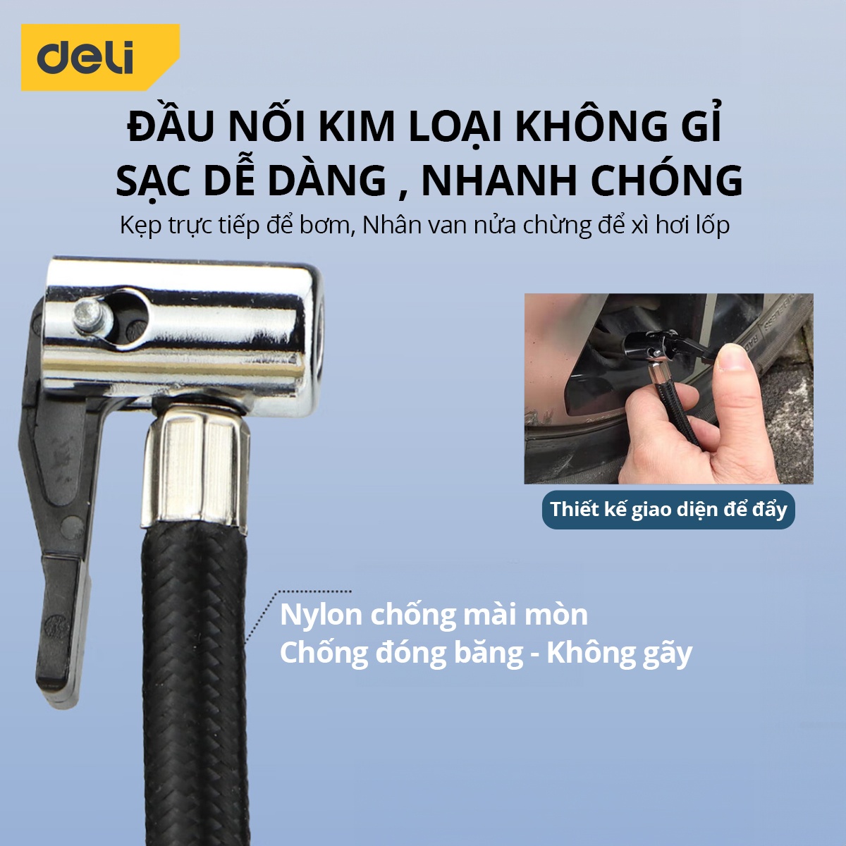 Máy bơm lốp ô tô tự động Deli 80W tốc độ bơm 25L/phút