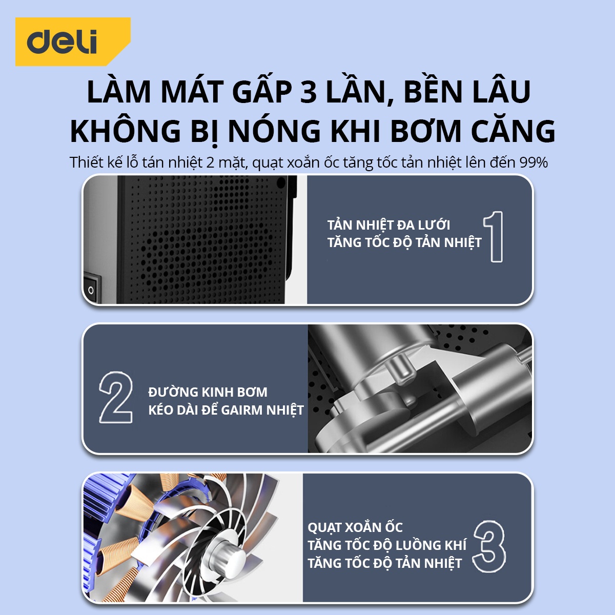 Máy bơm lốp ô tô tự động Deli 80W tốc độ bơm 25L/phút