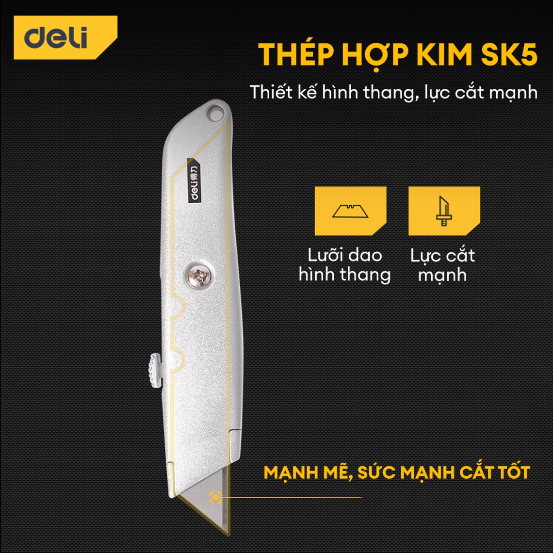 Dao Rọc Giấy Đa Năng Deli Cao Cấp Chính Hãng Chất Liệu Hợp Kim Nhôm Lưỡi SK5 Sắc Bén Khóa Tự Động An Toàn