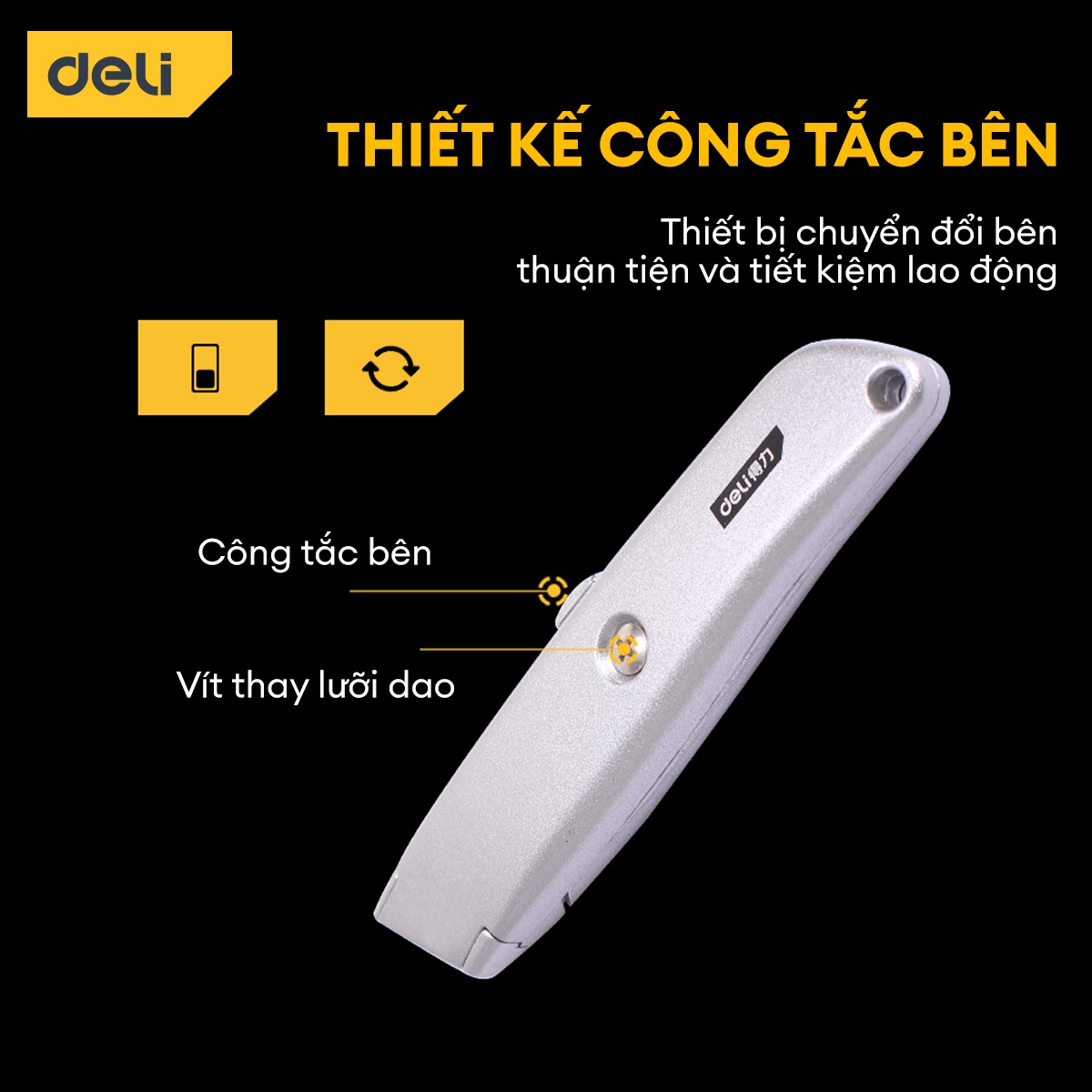Dao Rọc Giấy Đa Năng Deli Cao Cấp Chính Hãng Chất Liệu Hợp Kim Nhôm Lưỡi SK5 Sắc Bén Khóa Tự Động An Toàn