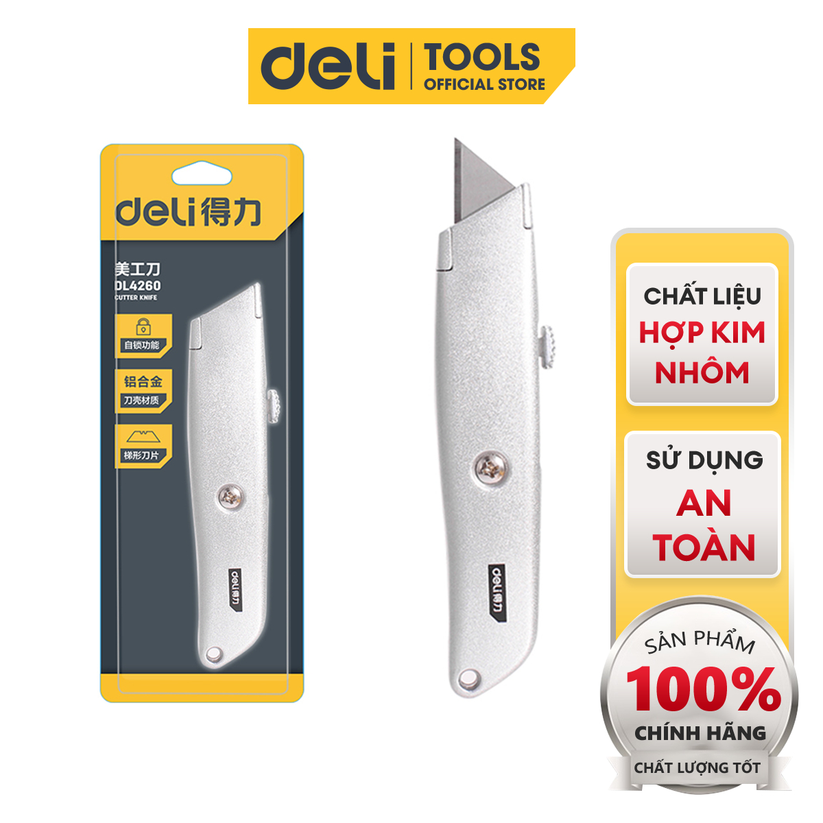 Dao Rọc Giấy Đa Năng Deli Cao Cấp Chính Hãng Chất Liệu Hợp Kim Nhôm Lưỡi SK5 Sắc Bén Khóa Tự Động An Toàn