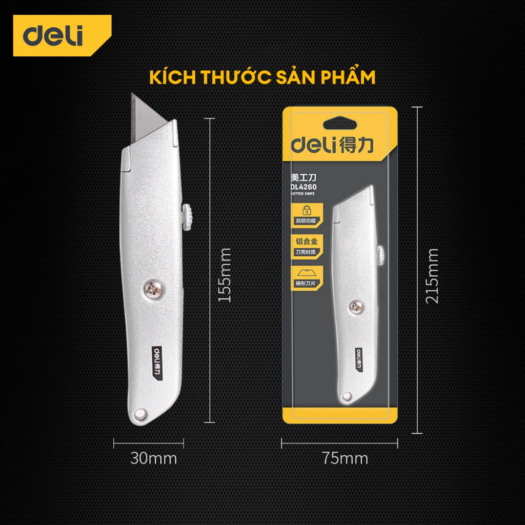 Dao Rọc Giấy Đa Năng Deli Cao Cấp Chính Hãng Chất Liệu Hợp Kim Nhôm Lưỡi SK5 Sắc Bén Khóa Tự Động An Toàn