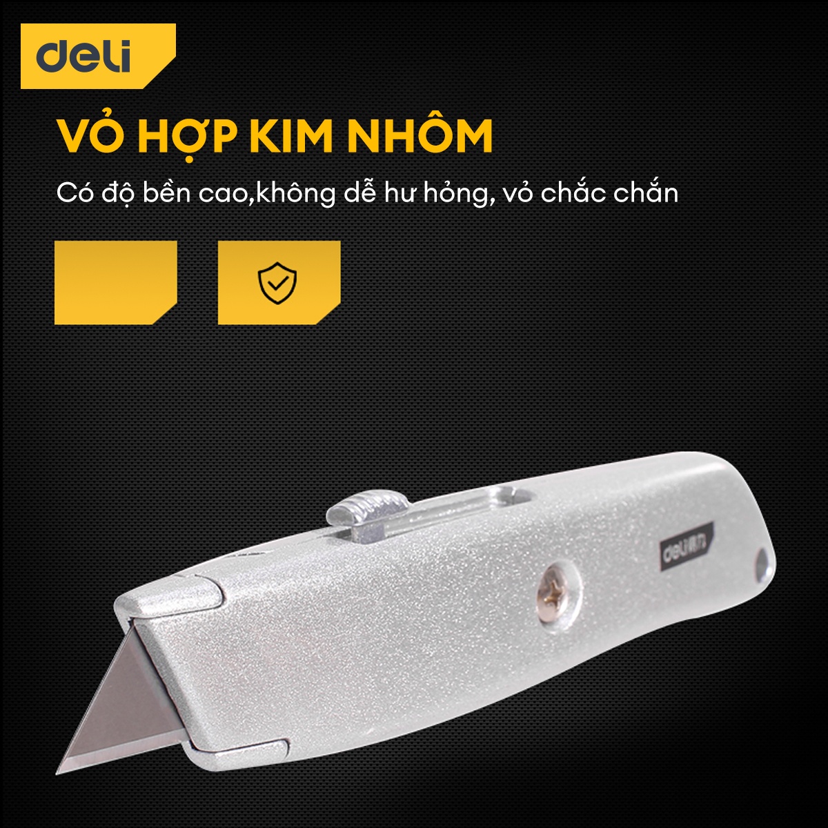 Dao Rọc Giấy Đa Năng Deli Cao Cấp Chính Hãng Chất Liệu Hợp Kim Nhôm Lưỡi SK5 Sắc Bén Khóa Tự Động An Toàn