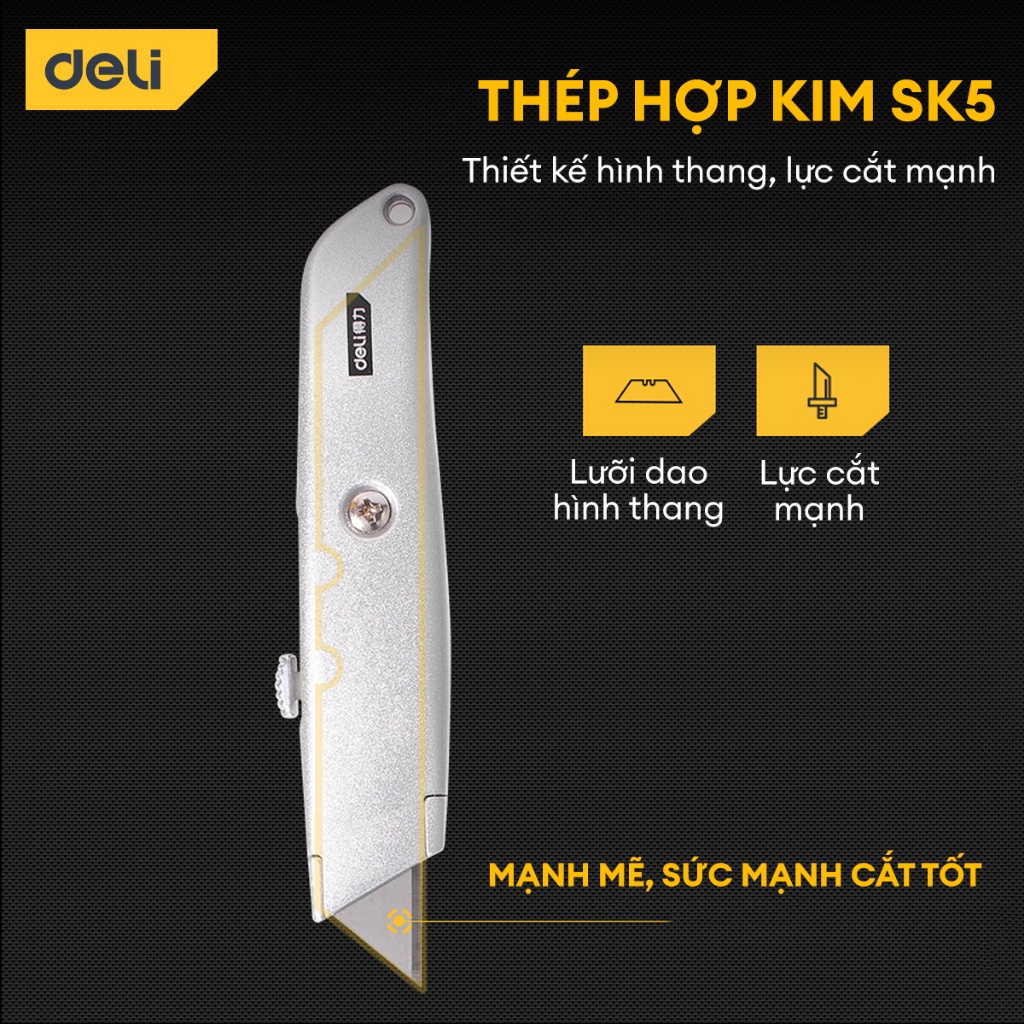 Dao Rọc Giấy Đa Năng Deli Cao Cấp Chính Hãng Chất Liệu Hợp Kim Nhôm Lưỡi SK5 Sắc Bén Khóa Tự Động An Toàn