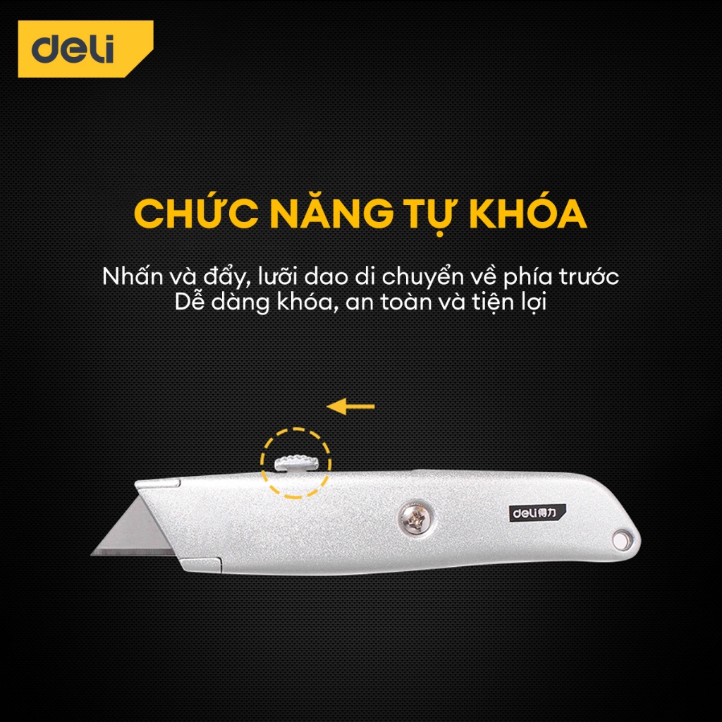 Dao Rọc Giấy Đa Năng Deli Cao Cấp Chính Hãng Chất Liệu Hợp Kim Nhôm Lưỡi SK5 Sắc Bén Khóa Tự Động An Toàn