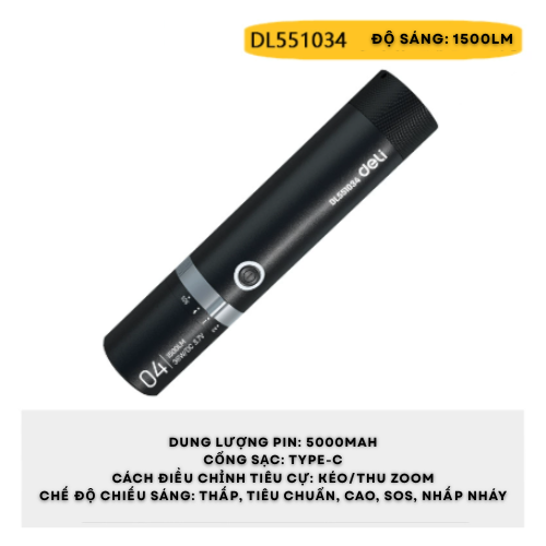 Đèn pin siêu sáng Đa chế độ Deli – Zoom vô cấp, chiếu xa, cầm tay tiện dụng cho gia đình & dã ngoại - Đèn pin đa chế độ 1500lm