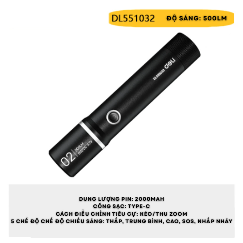 Đèn pin siêu sáng Đa chế độ Deli – Zoom vô cấp, chiếu xa, cầm tay tiện dụng cho gia đình & dã ngoại - Đèn pin đa chế độ 500lm