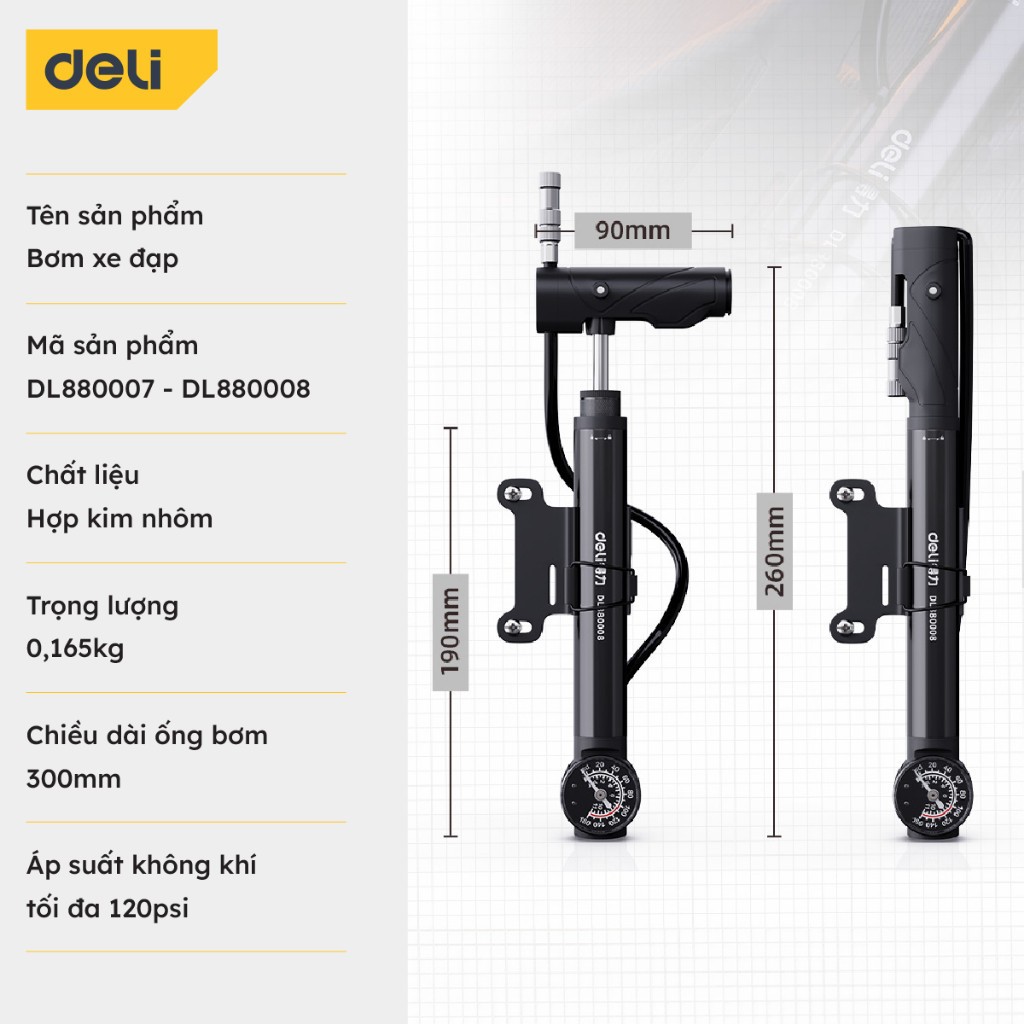 Bơm Xe Đạp dạng treo Deli Tích Hợp Đồng Hồ Áp Suất 120psi Có Thể Gắn Mang Theo Phù Hợp Với Nhiều Loại Bánh Xe