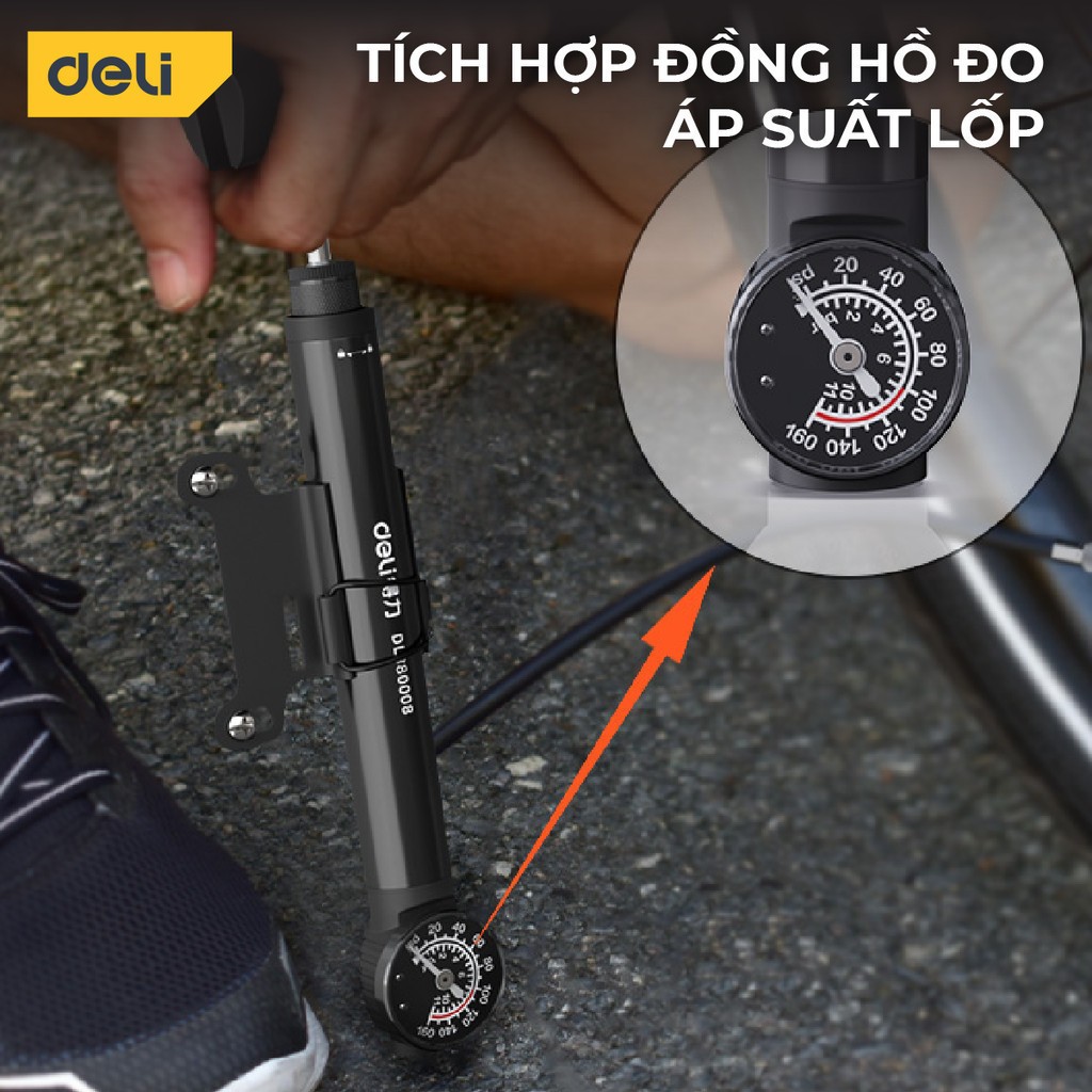 Bơm Xe Đạp dạng treo Deli Tích Hợp Đồng Hồ Áp Suất 120psi Có Thể Gắn Mang Theo Phù Hợp Với Nhiều Loại Bánh Xe