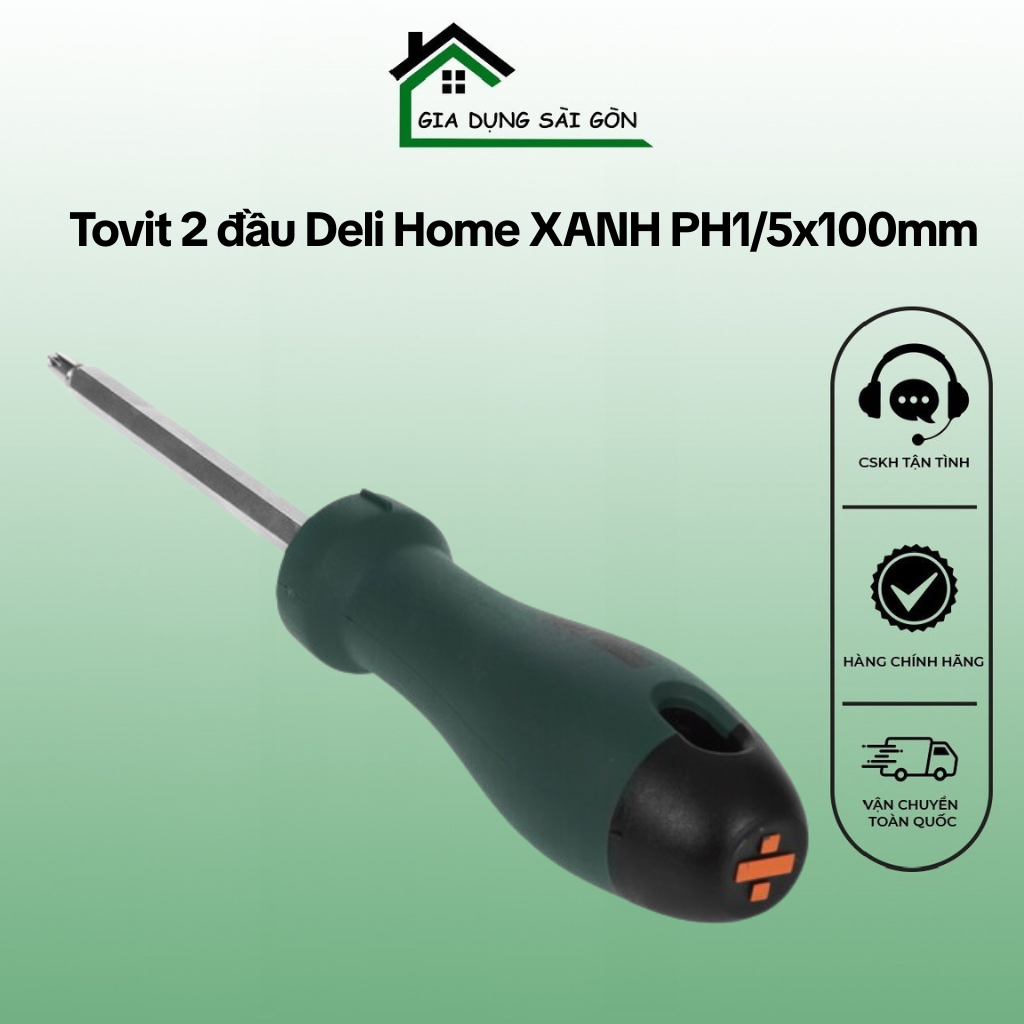 Tovit 2 đầu Deli Home XANH PH1/5x100mm