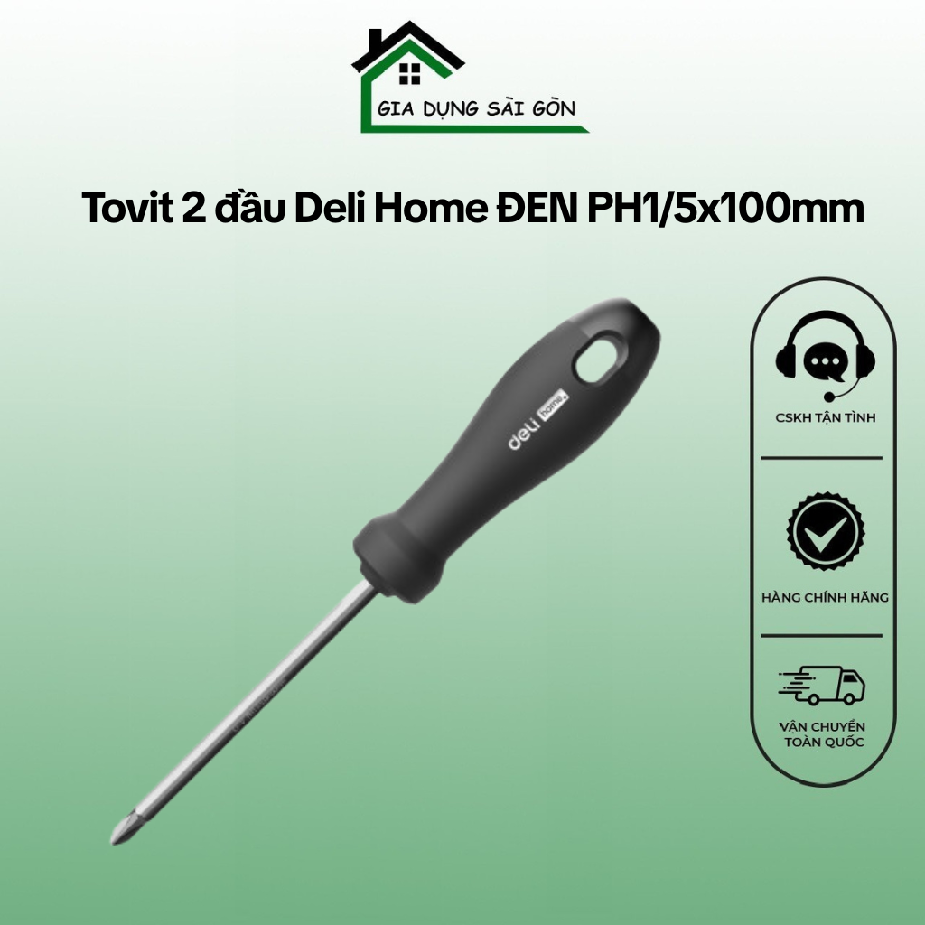 Tovit 2 đầu Deli Home ĐEN PH1/5x100mm