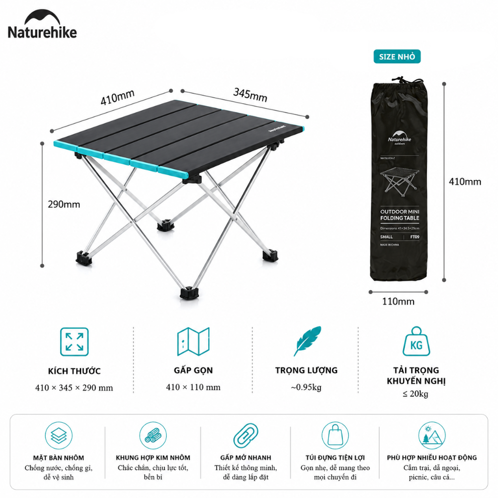 Bàn Gấp Cắm Trại Naturehike NH19Z008-Z - ĐEN SIZE S
