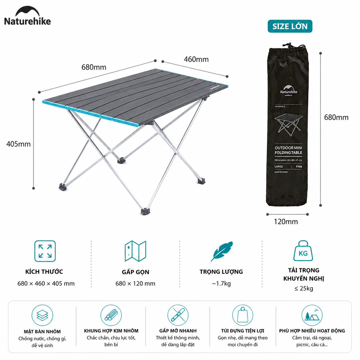 Bàn Gấp Cắm Trại Naturehike NH19Z008-Z - XÁM SIZE L