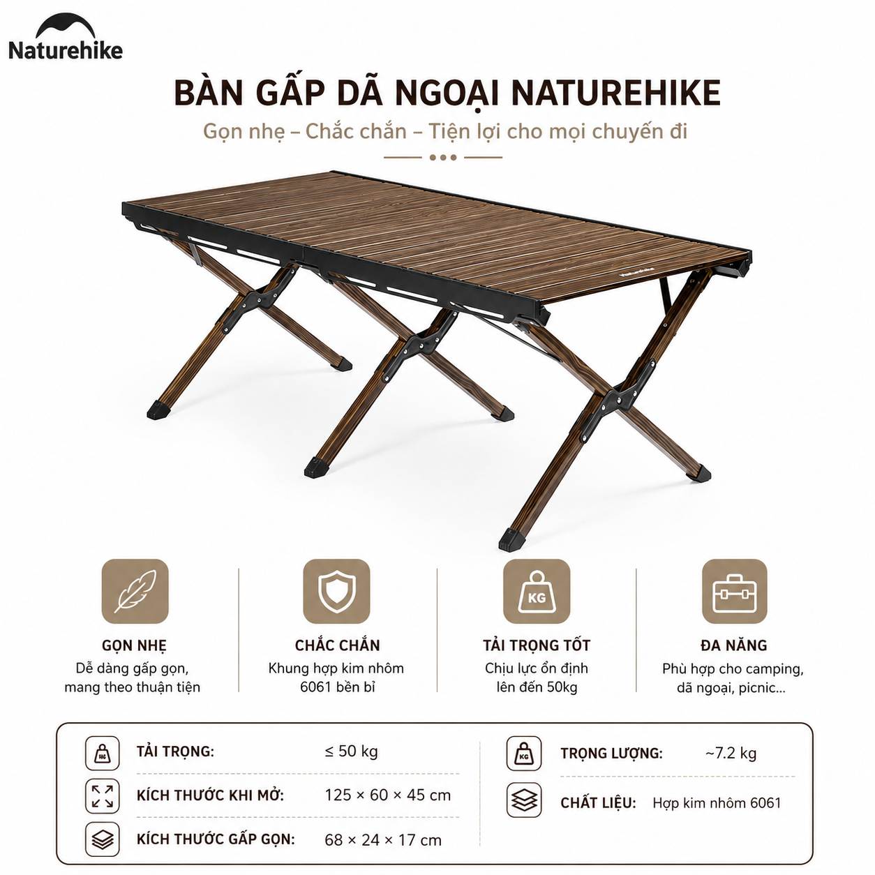 Bàn Gấp Gọn Naturehike CNH22JU043 Hợp kim Nhôm cao cấp - MÀU NÂU/ 125*60cm