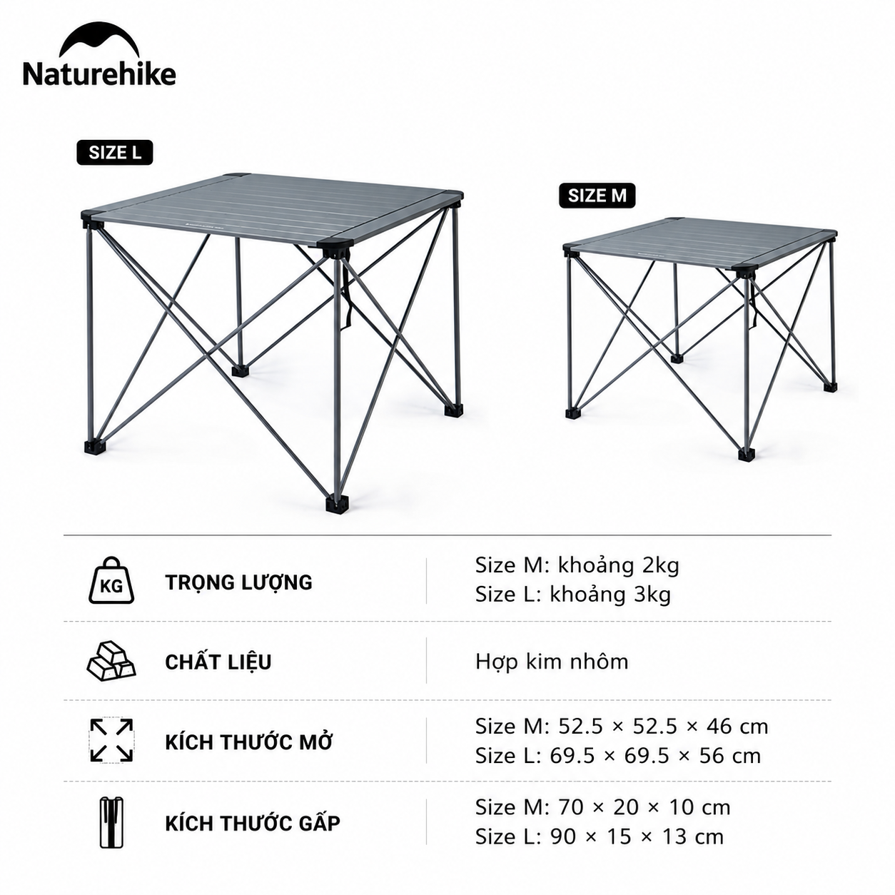 Bàn Hợp Kim Nhôm cao cấp Naturehike CNK2450JJ013 - KT M 52*52*46cm