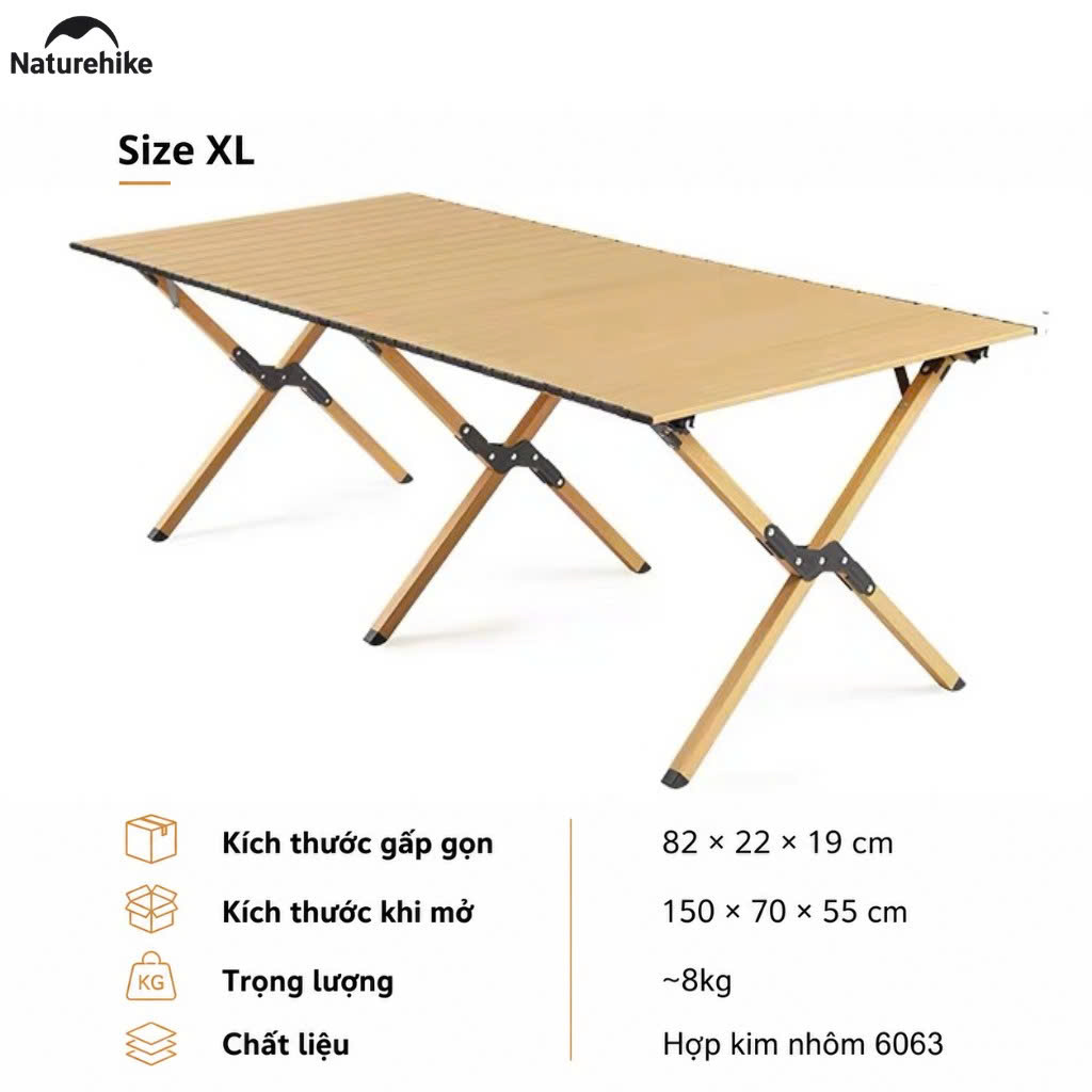 Bàn hợp kim nhôm màu vân gỗ gấp gọn – mặt cuộn Naturehike CNK2300JU010 - Size XL