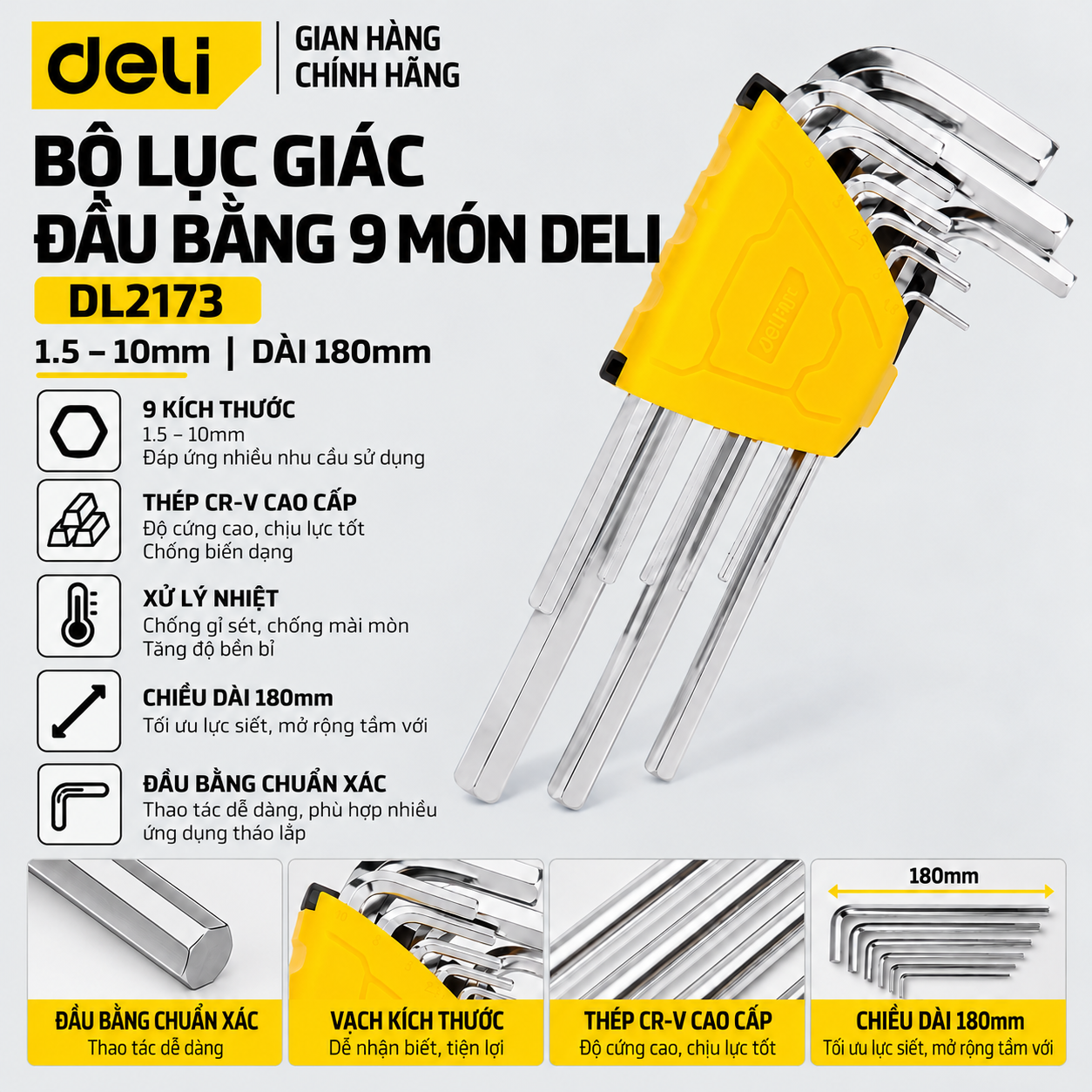 Bộ lục giác dài 9 món, 1.5-10mm
