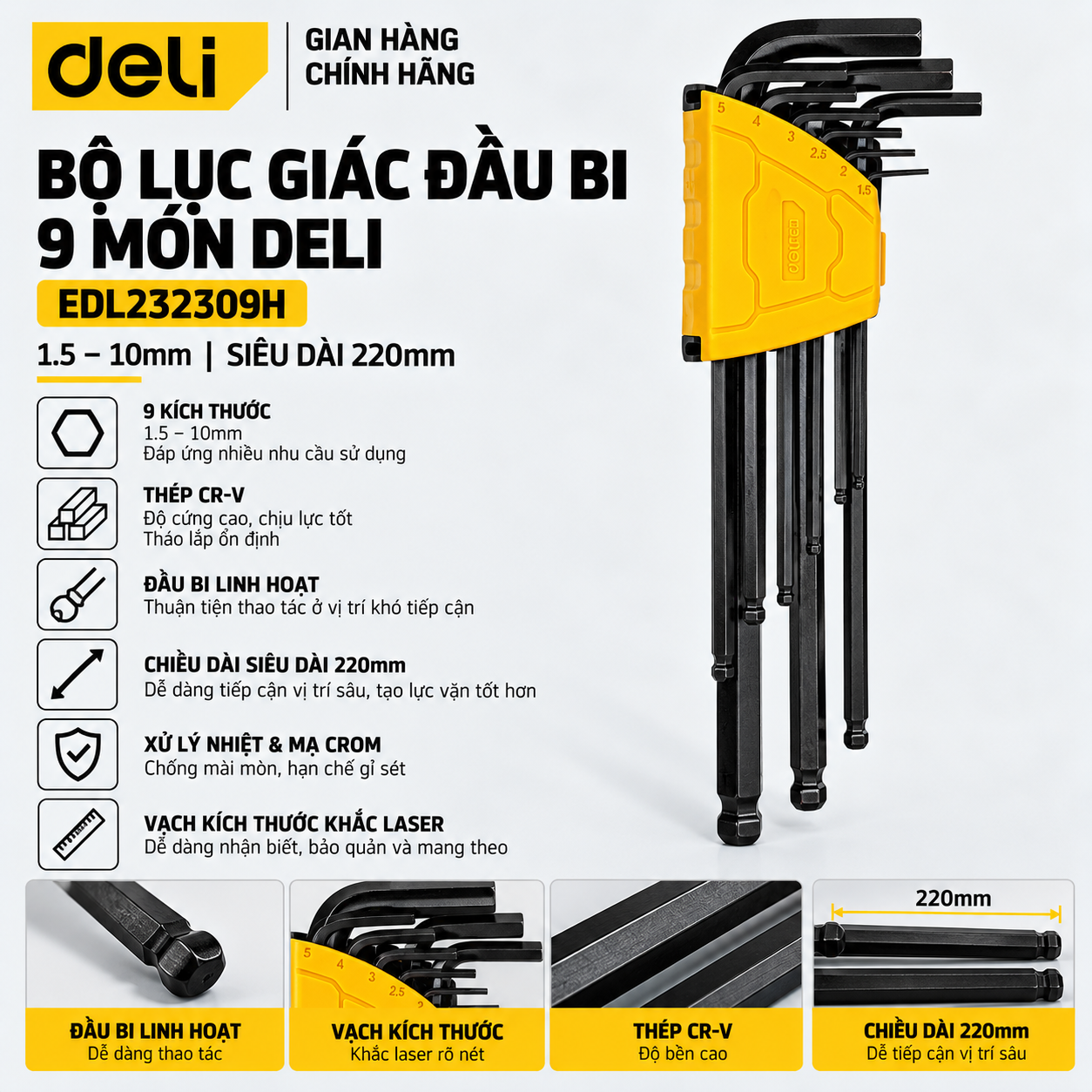 Bộ lục giác đầu bi Deli 220mm