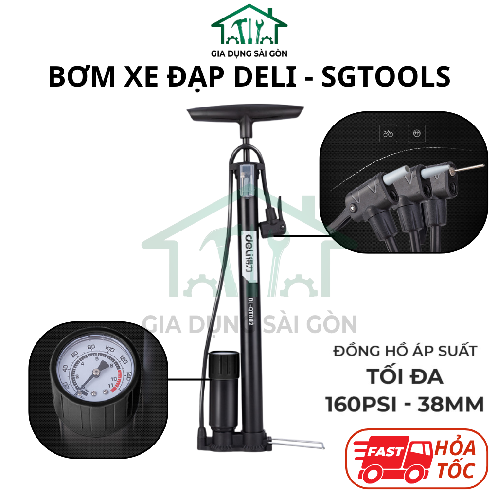 Bơm Xe Đạp Xe Máy Deli Tools Tích Hợp Đồng Hồ Áp Suất Tối Đa 160psi Nhỏ Gọn - DL-QT200