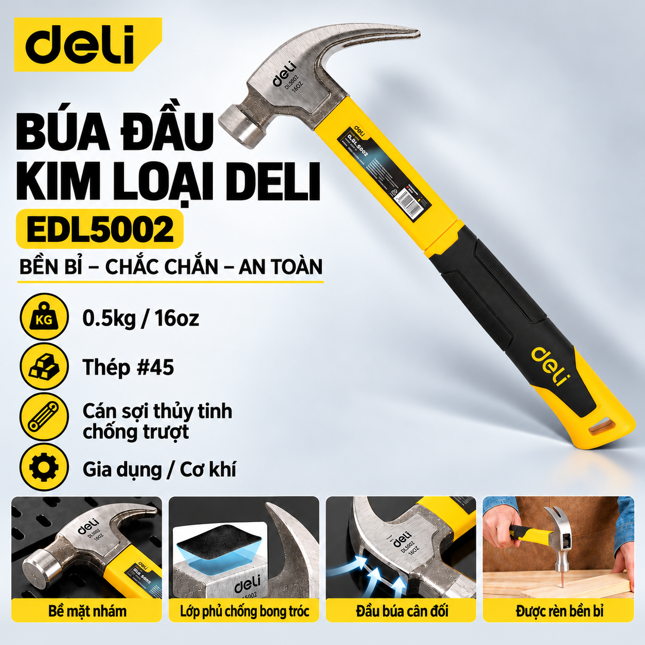 Búa Đầu Kim Loại 0.5kg Thép Carbon Deli