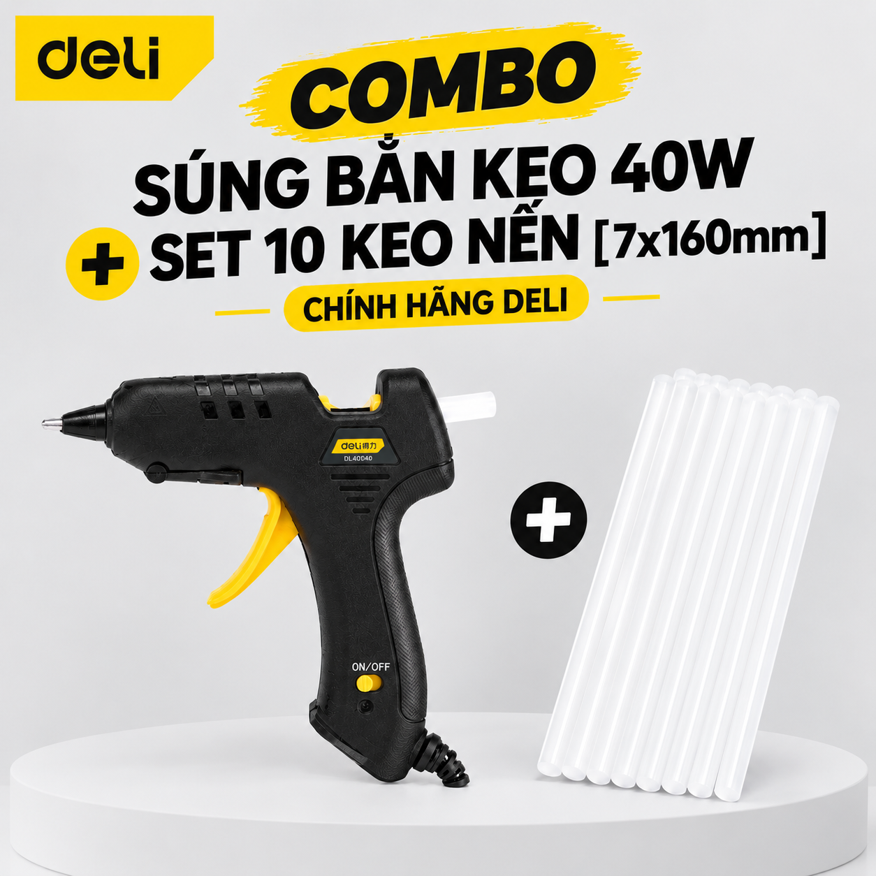 Combo Súng bắn keo 40w Deli/đen + set 10 keo nến trắng 7x160mm