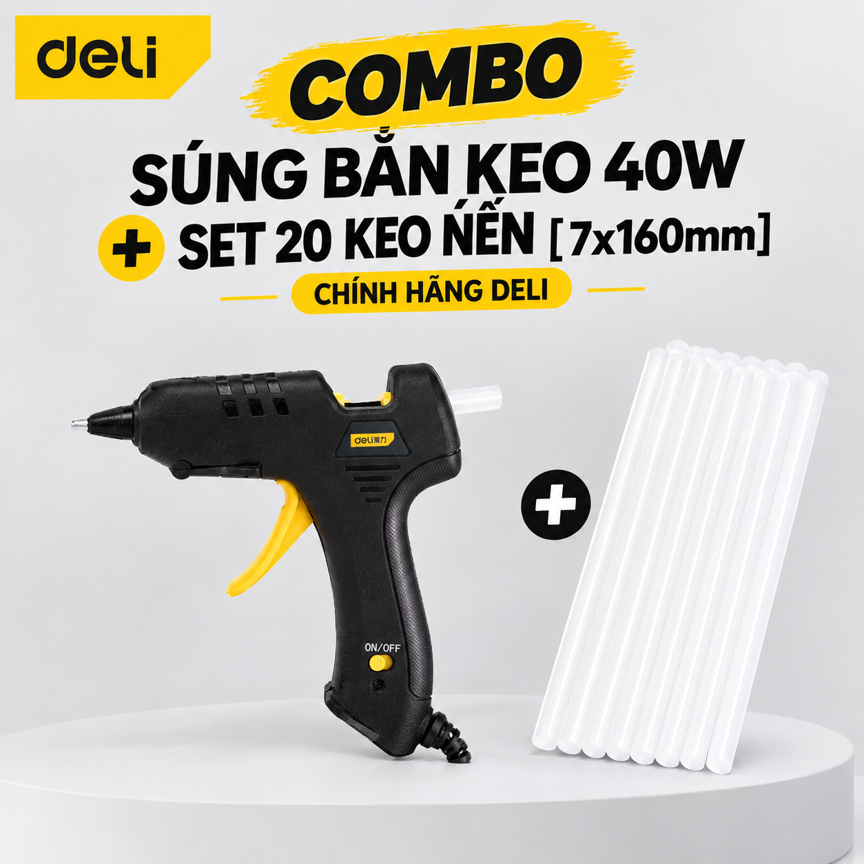 Combo Súng bắn keo 40w Deli/đen + set 20 keo nến trắng 7x160mm