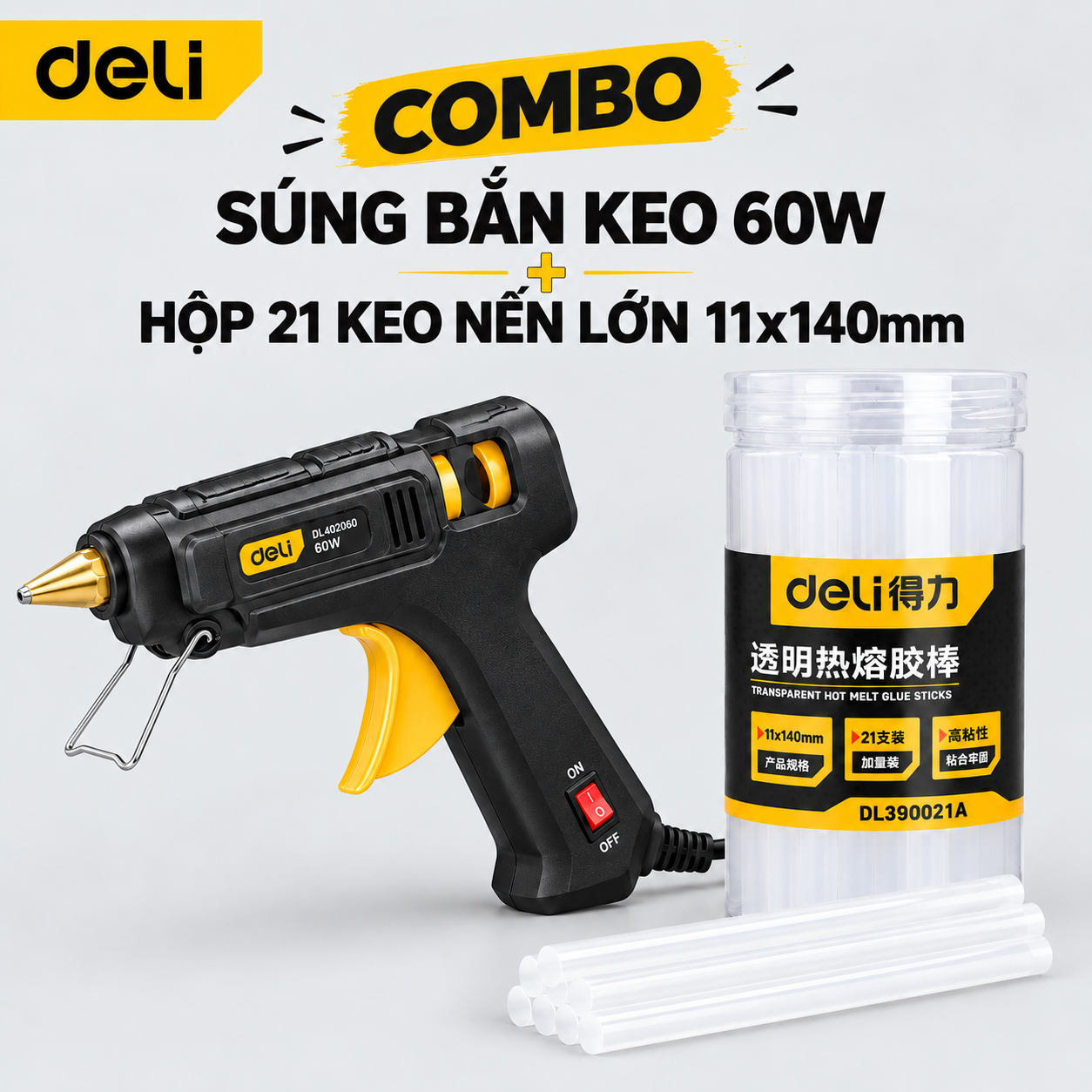 Combo Súng bắn keo 60W (đen) deli + hộp 21 keo trắng 11x140mm