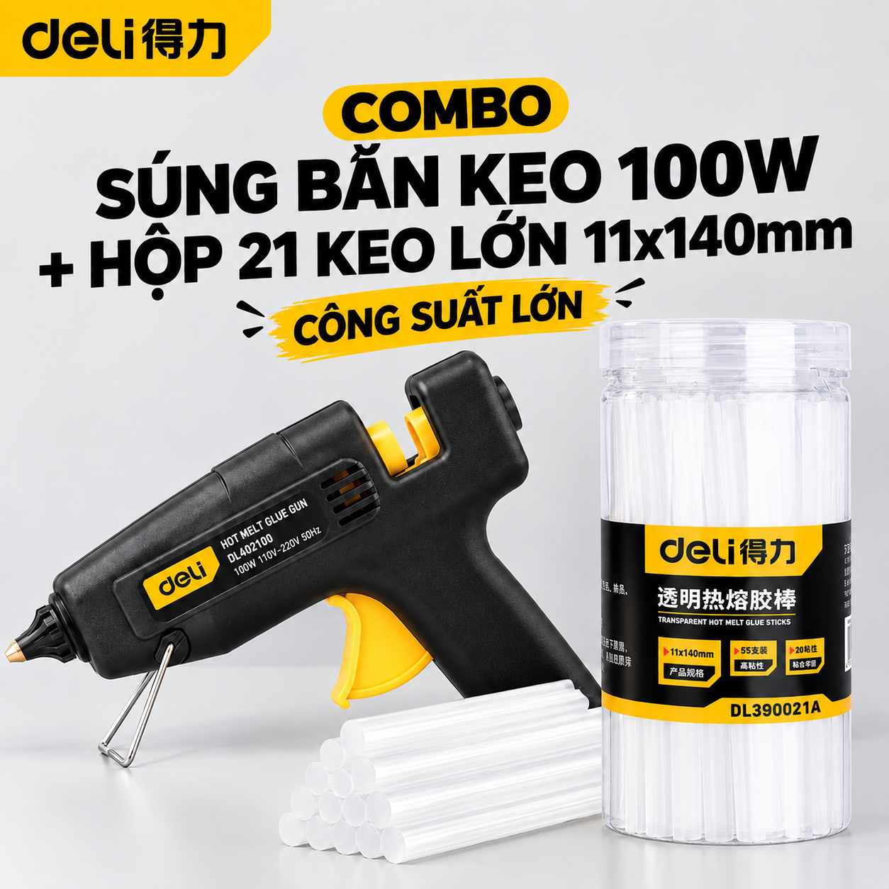 Combo Súng bắn keo màu đen 100w + Hộp 21c 11x140mm
