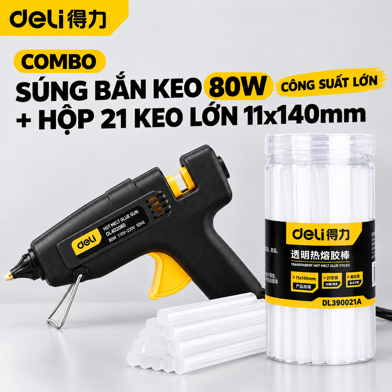 Combo Súng bắn keo màu đen 80w + Hộp 21c 11x140mm