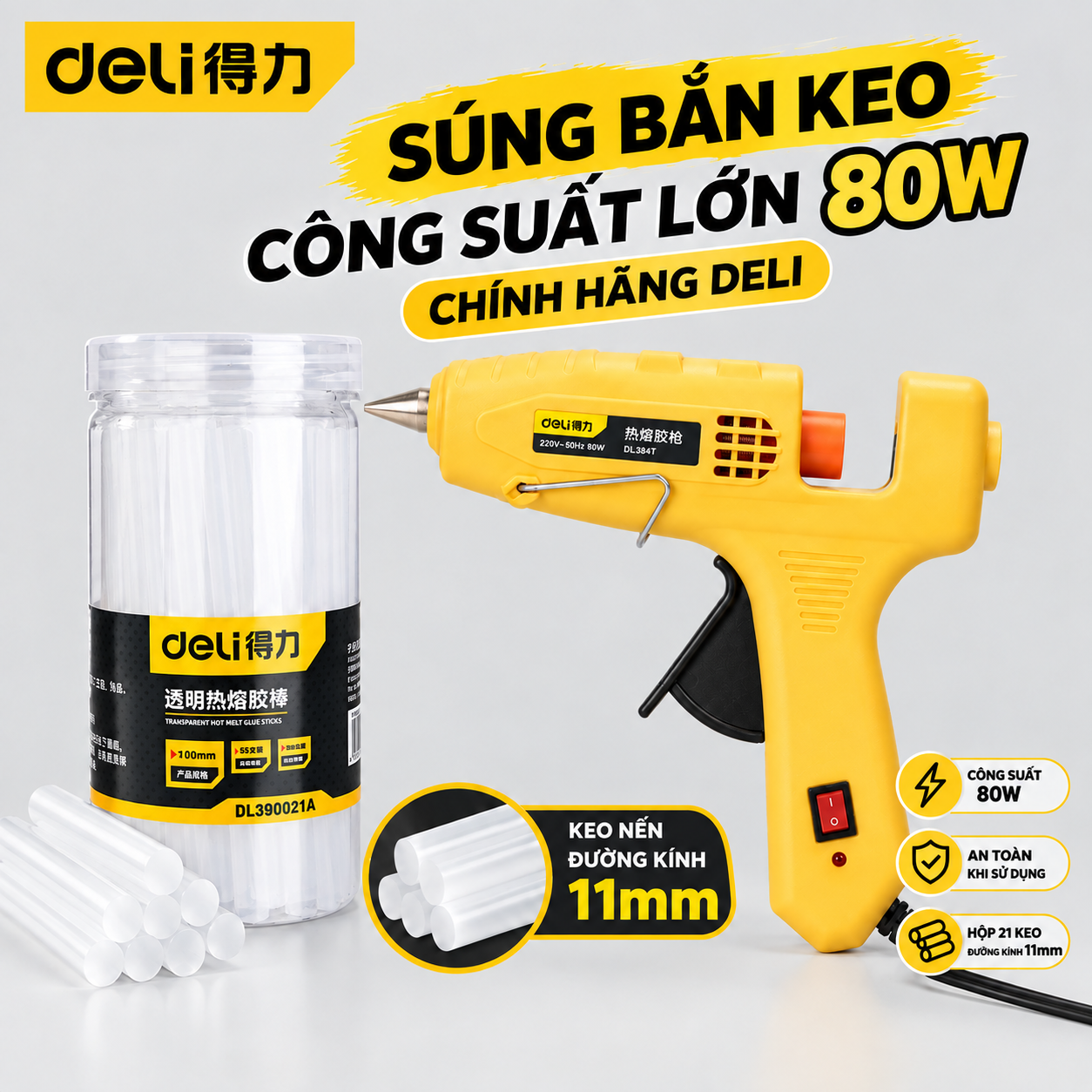 Combo Súng bắn keo màu vàng 80w + Hộp 21c 11x140mm