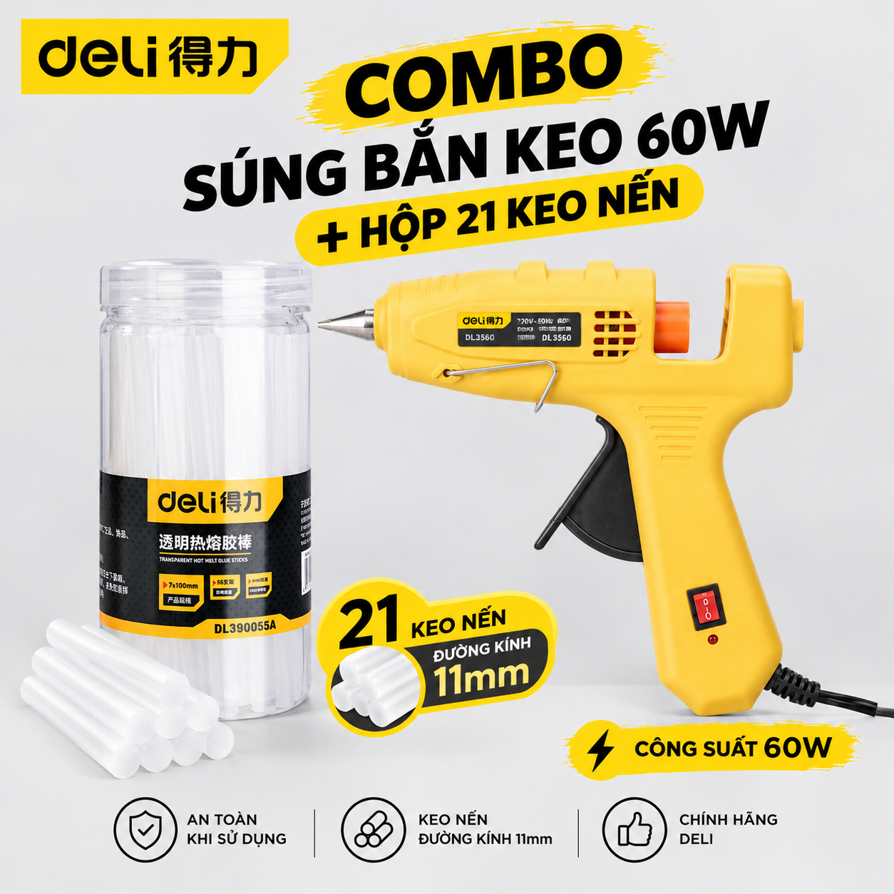Combo Súng bắn keo màu vàng 60w + Hộp 21c 11x140mm