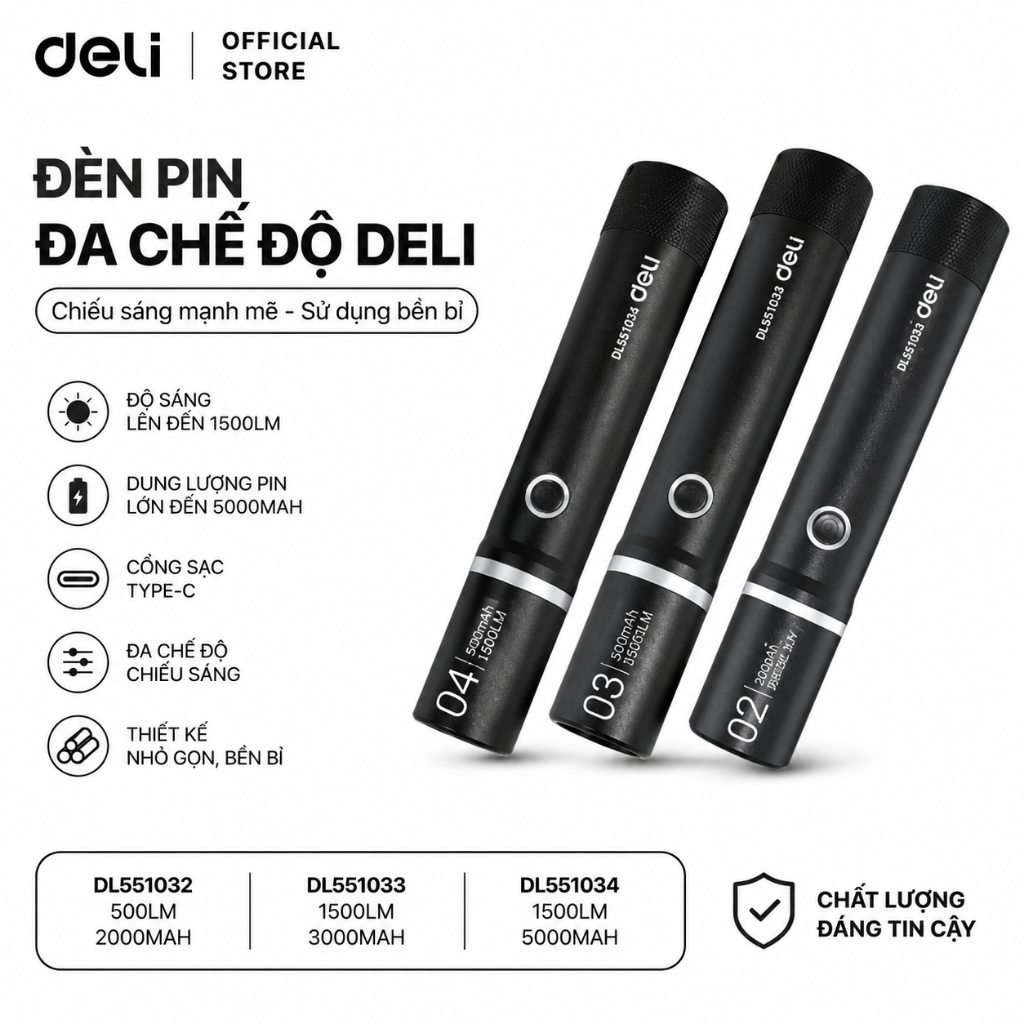 Đèn pin Deli 1500mAh độ sáng 350Lm - DL551017